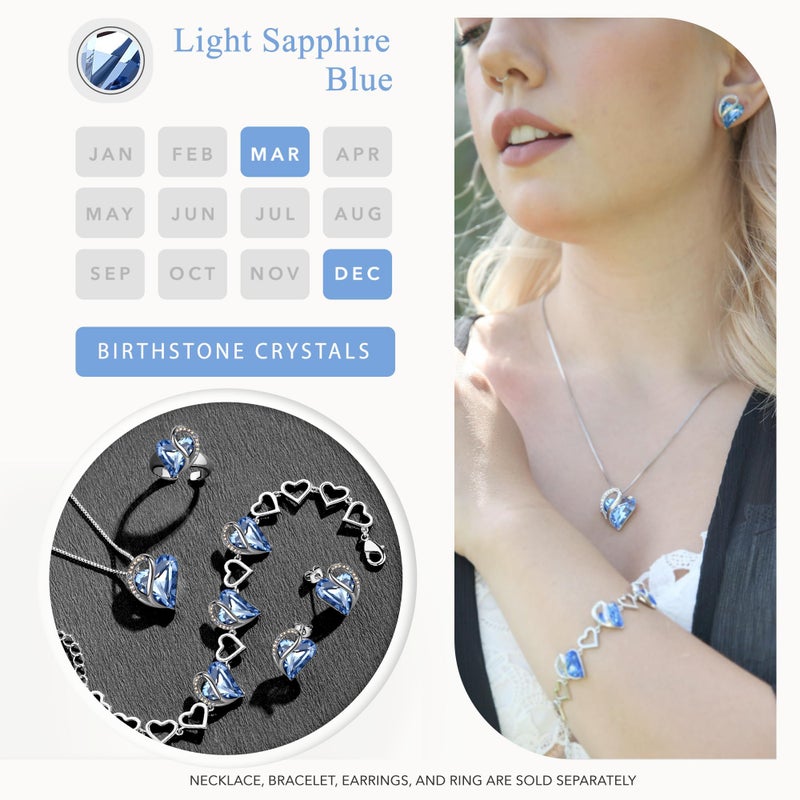 Leafael Blue Earrings for Women, Mothers Day Gift for Mom, Light Sapphire Color Heart Stud Earring with Birthstone Crystal for March & December, Silver Plated Jewelry - Image 4